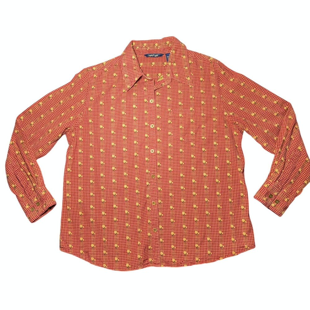 Krazy Kat Vintage Cottagecore Calico Floral Button Down Shirt Red Tan Size M - Picture 6 of 15